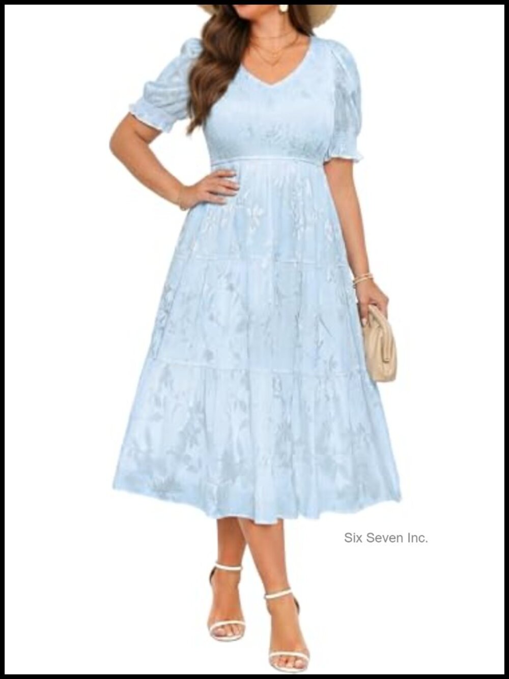 Silk Feel Plus Size V Neck Smocked Puff Sleeve Tiered Midi Dress